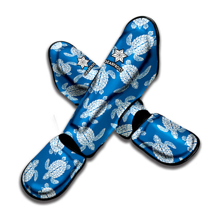 Blue And White Sea Turtle Pattern Print Muay Thai Shin Guard