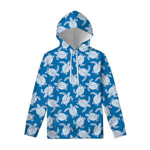 Blue And White Sea Turtle Pattern Print Pullover Hoodie