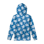 Blue And White Sea Turtle Pattern Print Pullover Hoodie