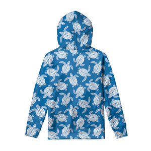 Blue And White Sea Turtle Pattern Print Pullover Hoodie