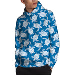 Blue And White Sea Turtle Pattern Print Pullover Hoodie