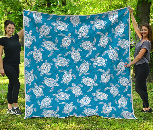Blue And White Sea Turtle Pattern Print Quilt