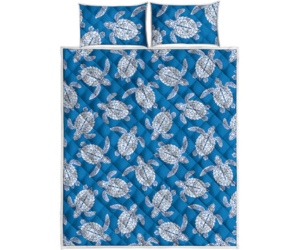 Blue And White Sea Turtle Pattern Print Quilt Bed Set