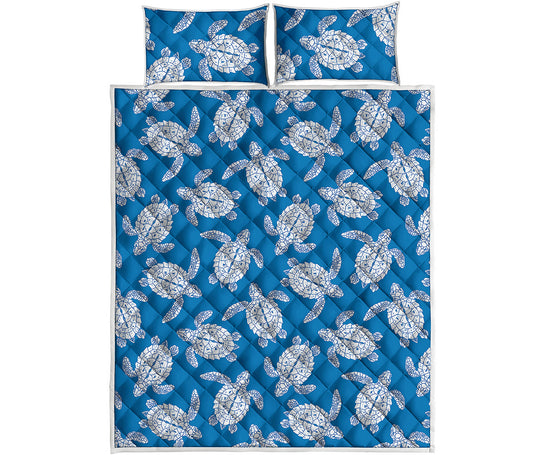 Blue And White Sea Turtle Pattern Print Quilt Bed Set