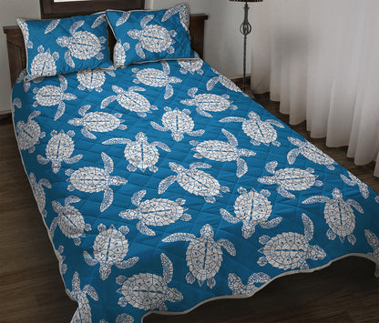 Blue And White Sea Turtle Pattern Print Quilt Bed Set