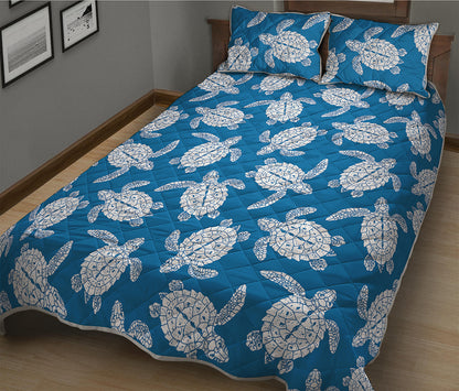 Blue And White Sea Turtle Pattern Print Quilt Bed Set