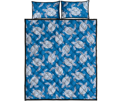 Blue And White Sea Turtle Pattern Print Quilt Bed Set