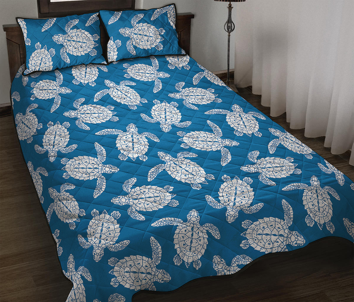 Blue And White Sea Turtle Pattern Print Quilt Bed Set