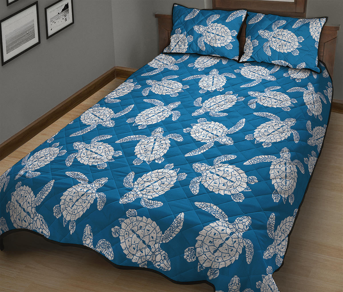 Blue And White Sea Turtle Pattern Print Quilt Bed Set