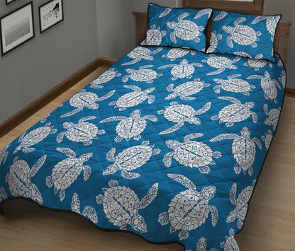 Blue And White Sea Turtle Pattern Print Quilt Bed Set