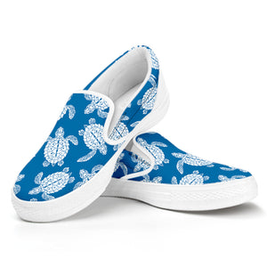 Blue And White Sea Turtle Pattern Print White Slip On Shoes