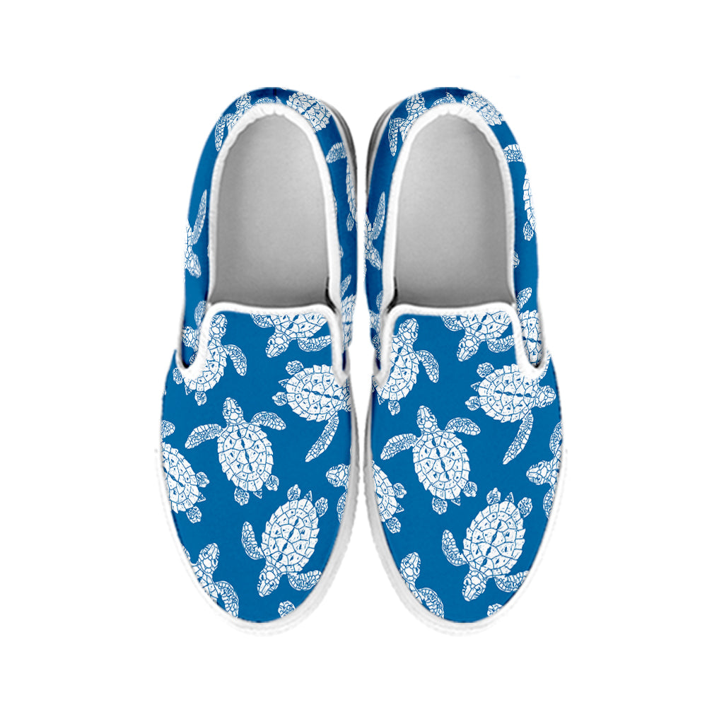 Blue And White Sea Turtle Pattern Print White Slip On Shoes