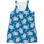 Blue And White Sea Turtle Pattern Print Women's Racerback Tank Top