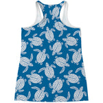 Blue And White Sea Turtle Pattern Print Women's Racerback Tank Top