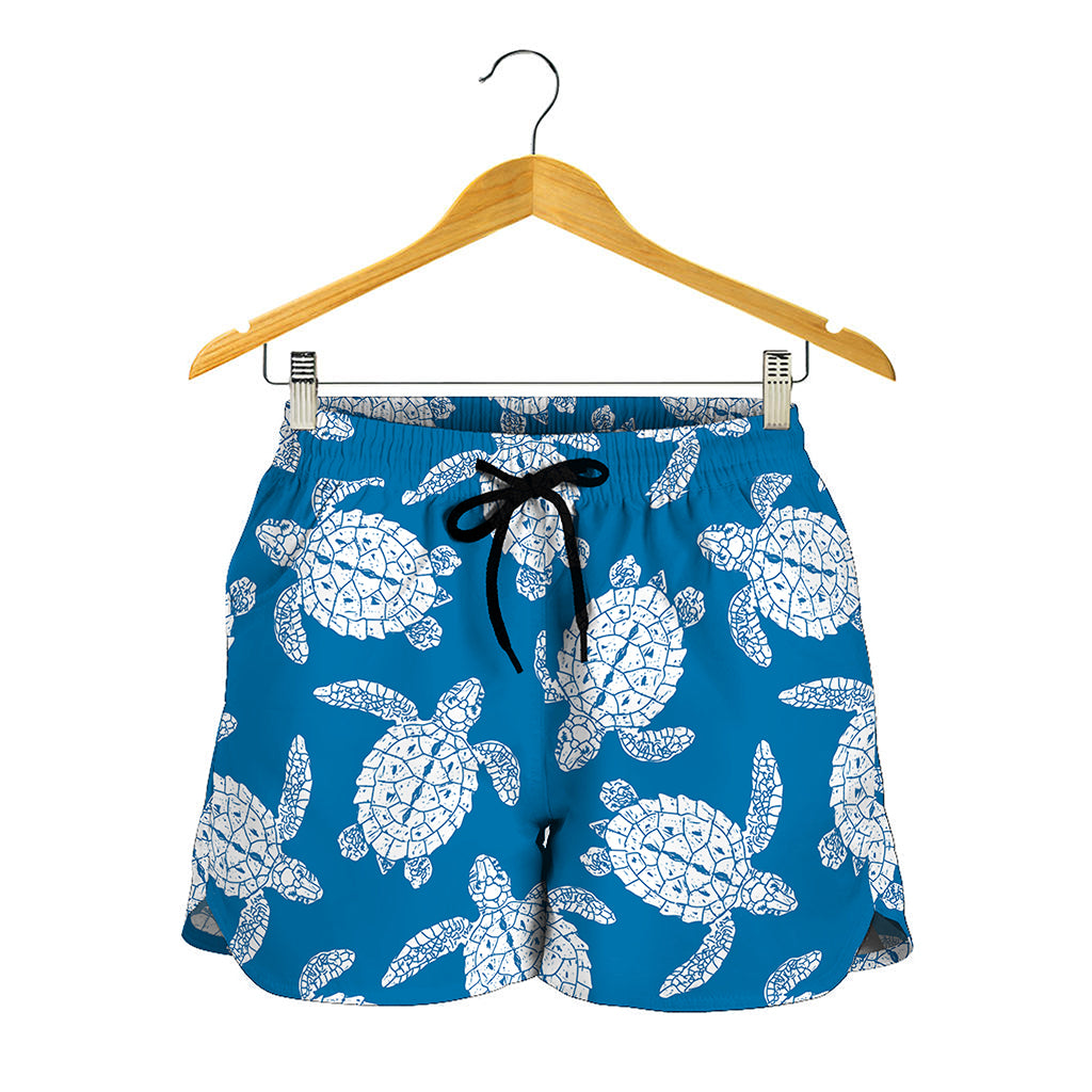 Blue And White Sea Turtle Pattern Print Women's Shorts