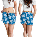 Blue And White Sea Turtle Pattern Print Women's Shorts