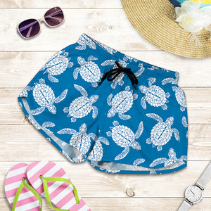 Blue And White Sea Turtle Pattern Print Women's Shorts