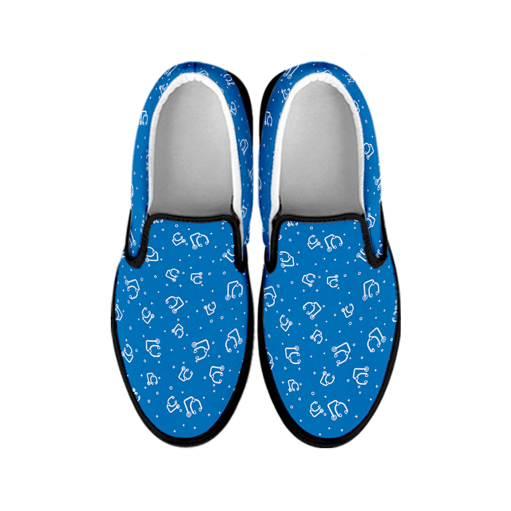 Blue And White Stethoscope Pattern Print Black Slip On Shoes