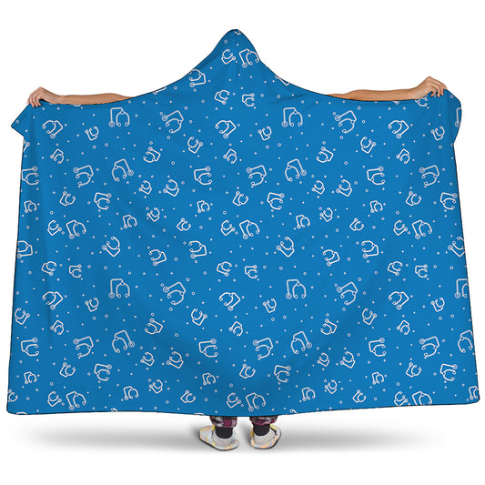 Blue And White Stethoscope Pattern Print Hooded Blanket