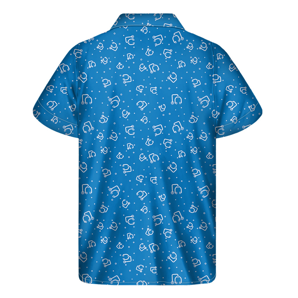 Blue And White Stethoscope Pattern Print Men's Short Sleeve Shirt