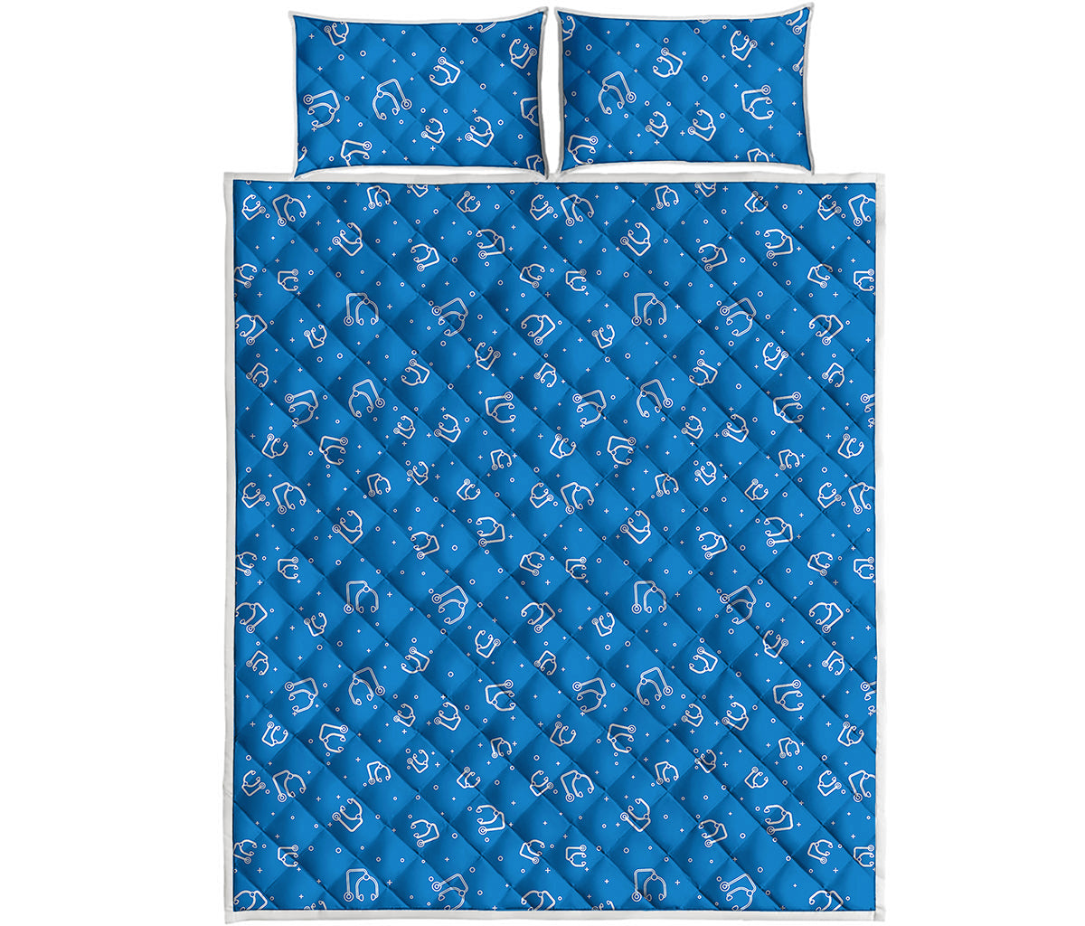 Blue And White Stethoscope Pattern Print Quilt Bed Set