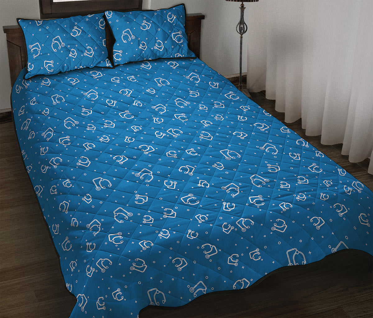 Blue And White Stethoscope Pattern Print Quilt Bed Set