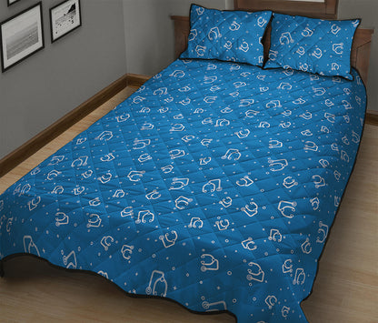 Blue And White Stethoscope Pattern Print Quilt Bed Set