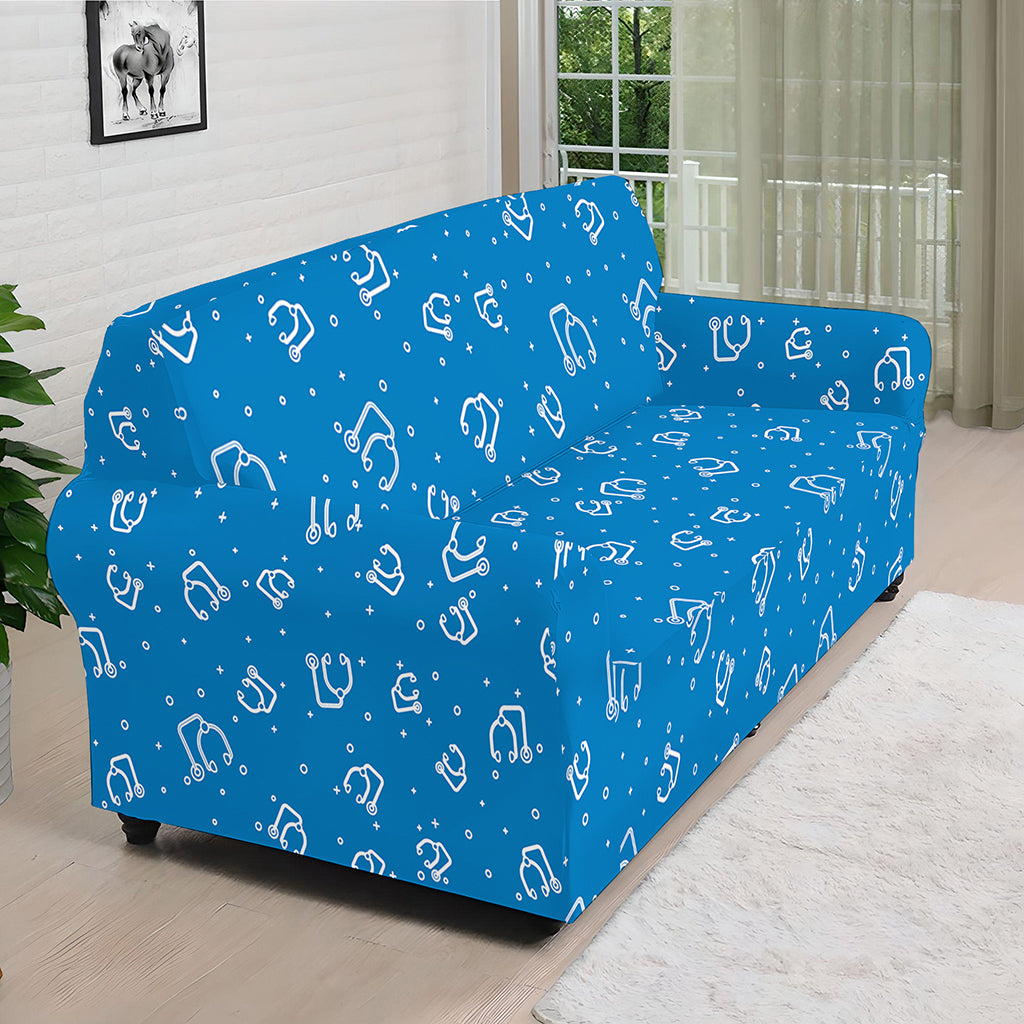 Blue And White Stethoscope Pattern Print Sofa Cover