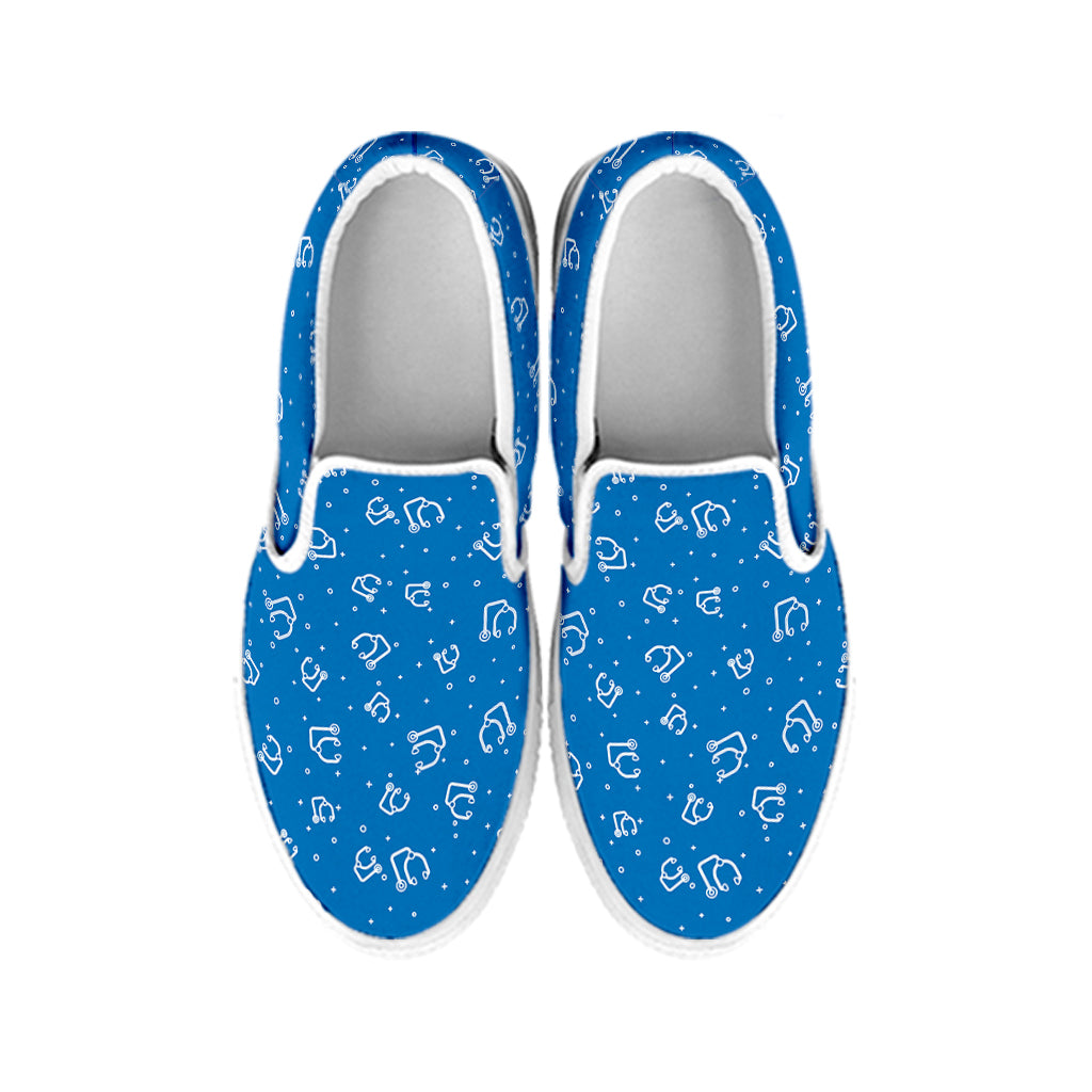 Blue And White Stethoscope Pattern Print White Slip On Shoes
