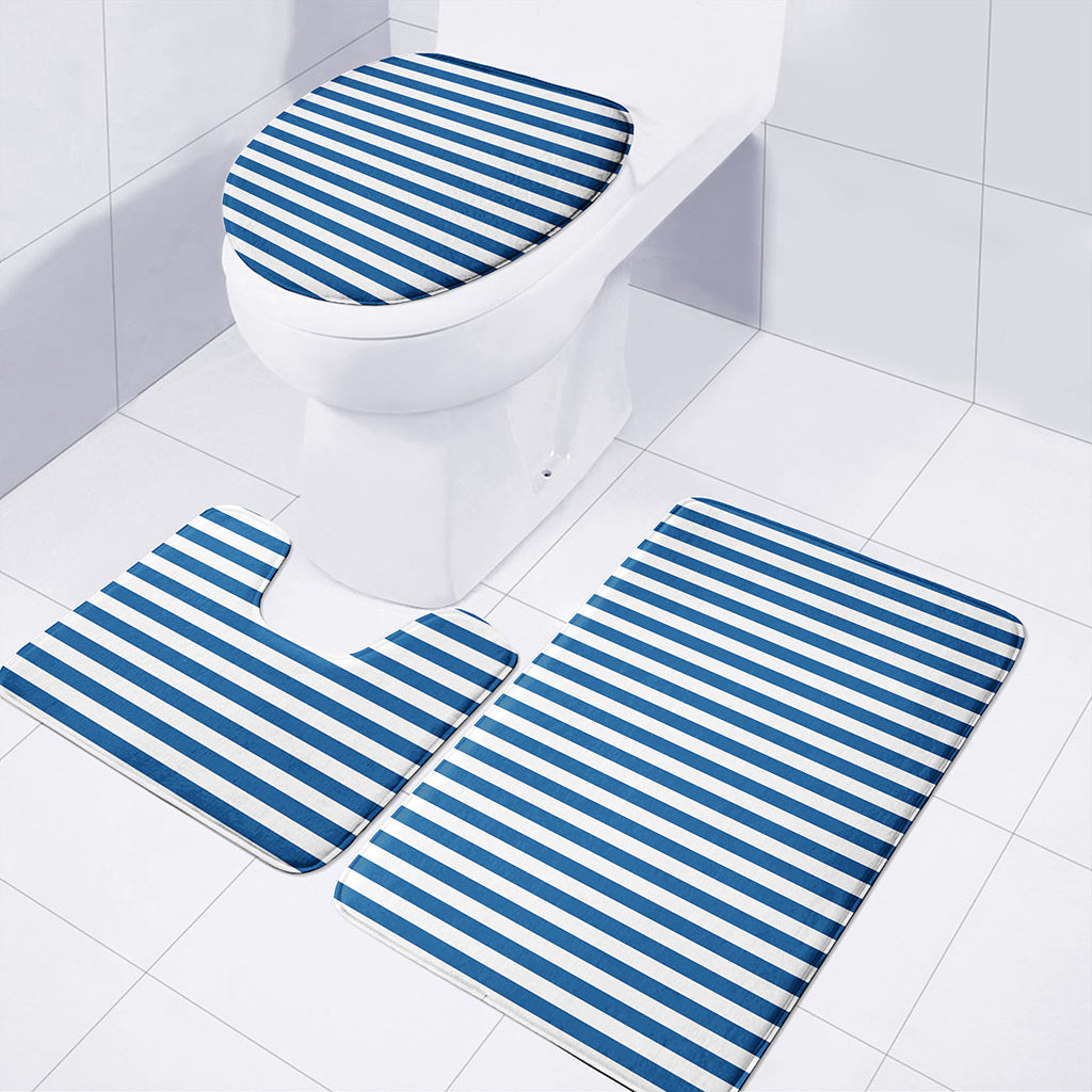 Blue And White Striped Pattern Print 3 Piece Bath Mat Set