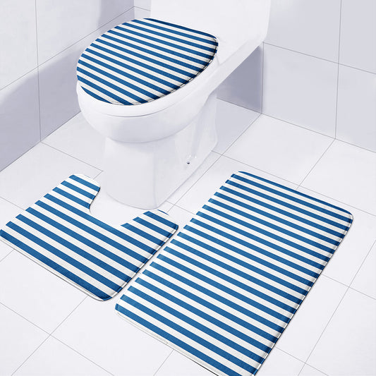 Blue And White Striped Pattern Print 3 Piece Bath Mat Set