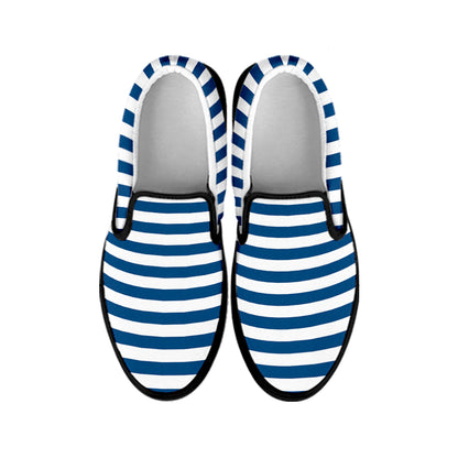 Blue And White Striped Pattern Print Black Slip On Shoes