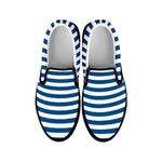 Blue And White Striped Pattern Print Black Slip On Shoes