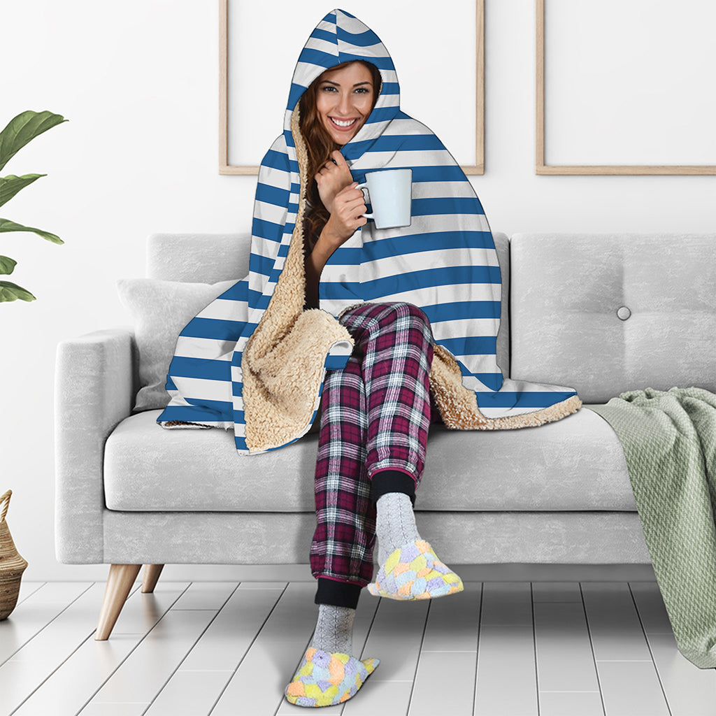 Blue And White Striped Pattern Print Hooded Blanket