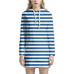 Blue And White Striped Pattern Print Hoodie Dress