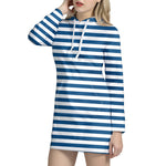 Blue And White Striped Pattern Print Hoodie Dress