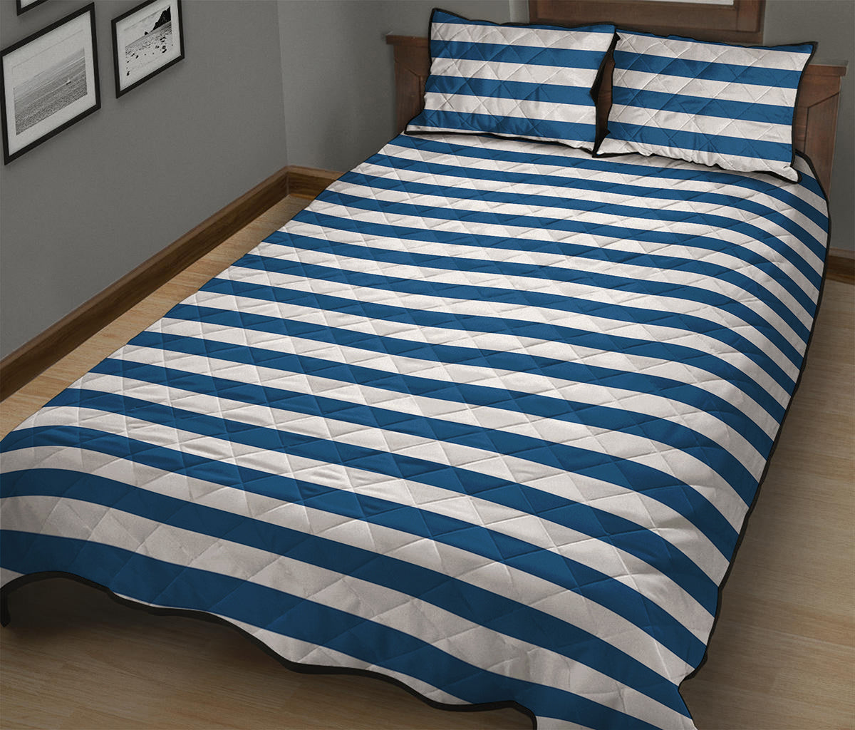 Blue And White Striped Pattern Print Quilt Bed Set