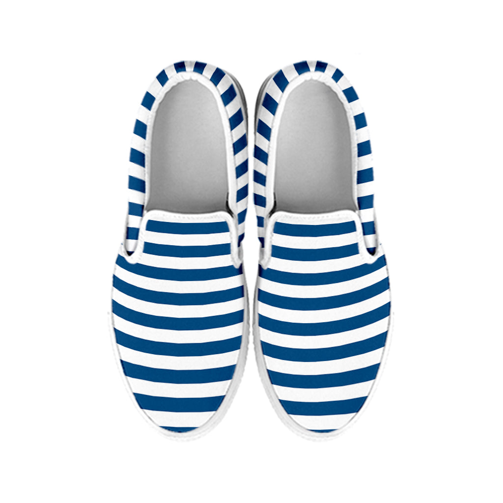Blue And White Striped Pattern Print White Slip On Shoes