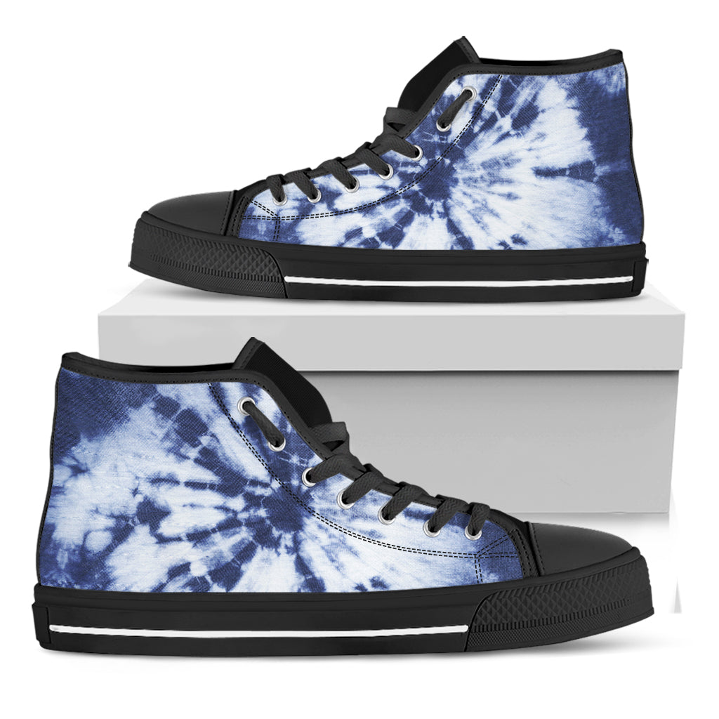 Blue And White Tie Dye Print Black High Top Shoes