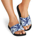 Blue And White Tie Dye Print Black Slide Sandals