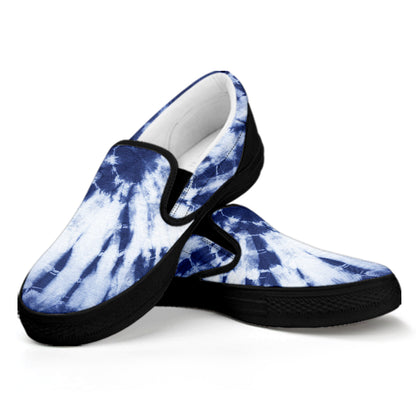 Blue And White Tie Dye Print Black Slip On Shoes