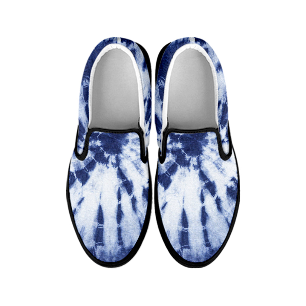 Blue And White Tie Dye Print Black Slip On Shoes