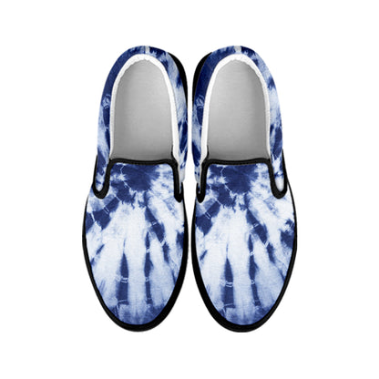 Blue And White Tie Dye Print Black Slip On Shoes