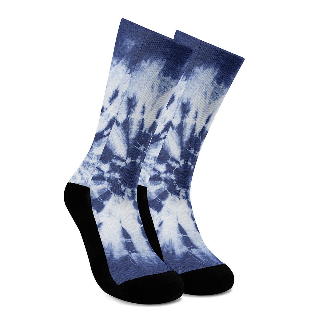 Blue And White Tie Dye Print Crew Socks