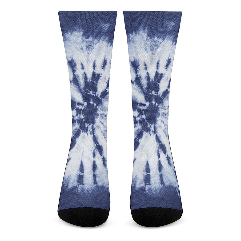 Blue And White Tie Dye Print Crew Socks