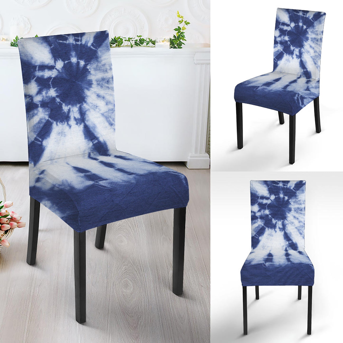 Blue And White Tie Dye Print Dining Chair Slipcover
