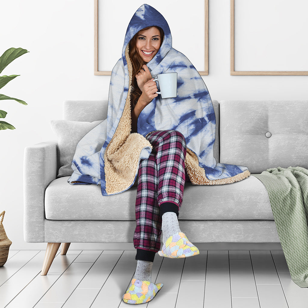 Blue And White Tie Dye Print Hooded Blanket