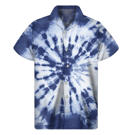 Blue And White Tie Dye Print Men's Short Sleeve Shirt