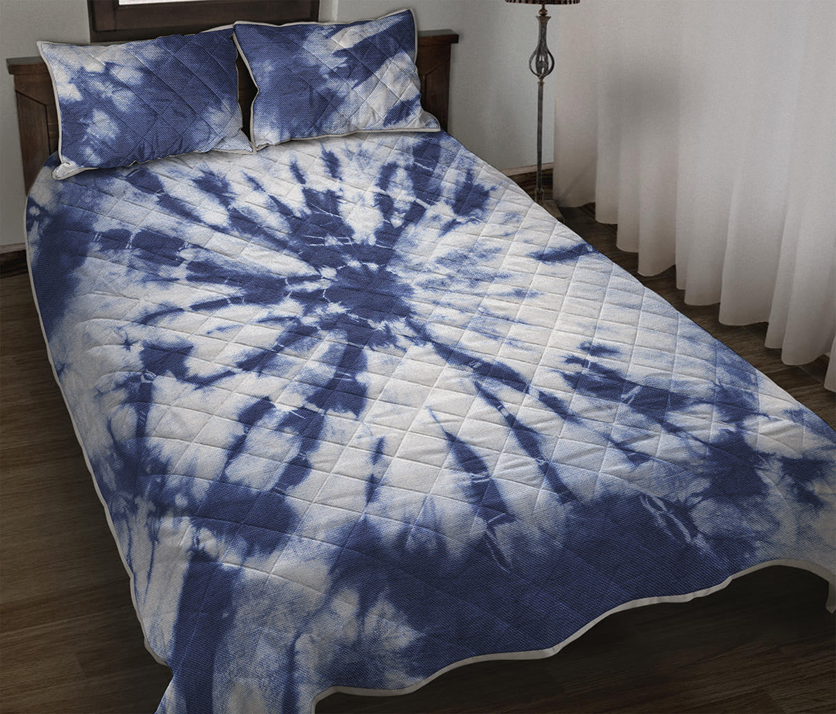 Blue And White Tie Dye Print Quilt Bed Set