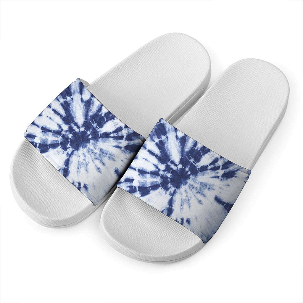 Blue And White Tie Dye Print White Slide Sandals
